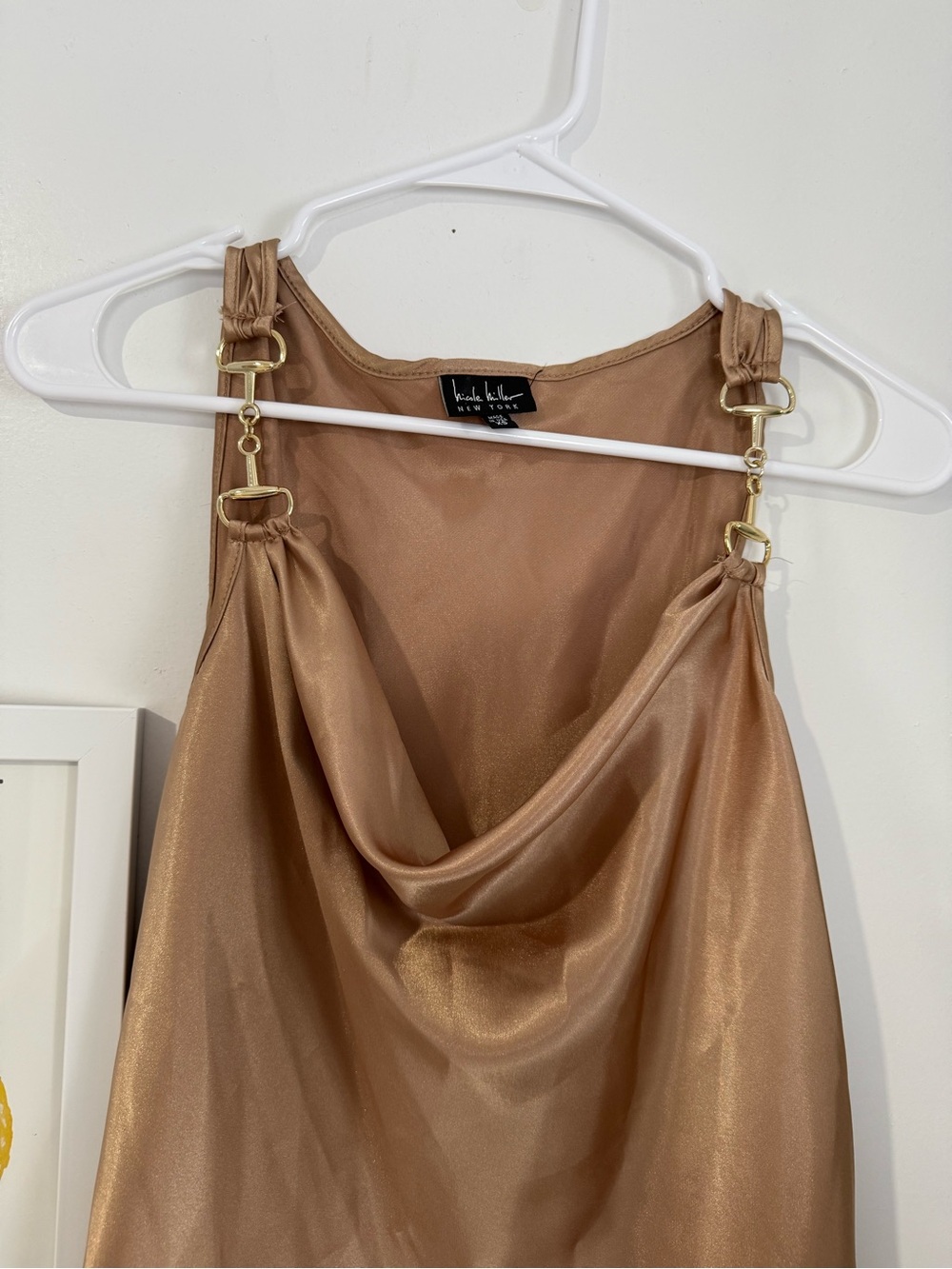 Nude Satin Drape Cowl Neck Dress with Gold Hardware